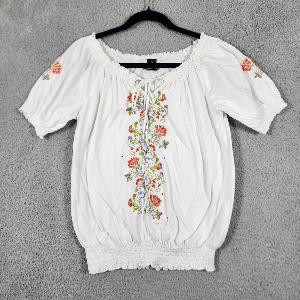 RXB Embroidered Blouse Top Womens S White Floral Cotton Casual Peasant Boho
